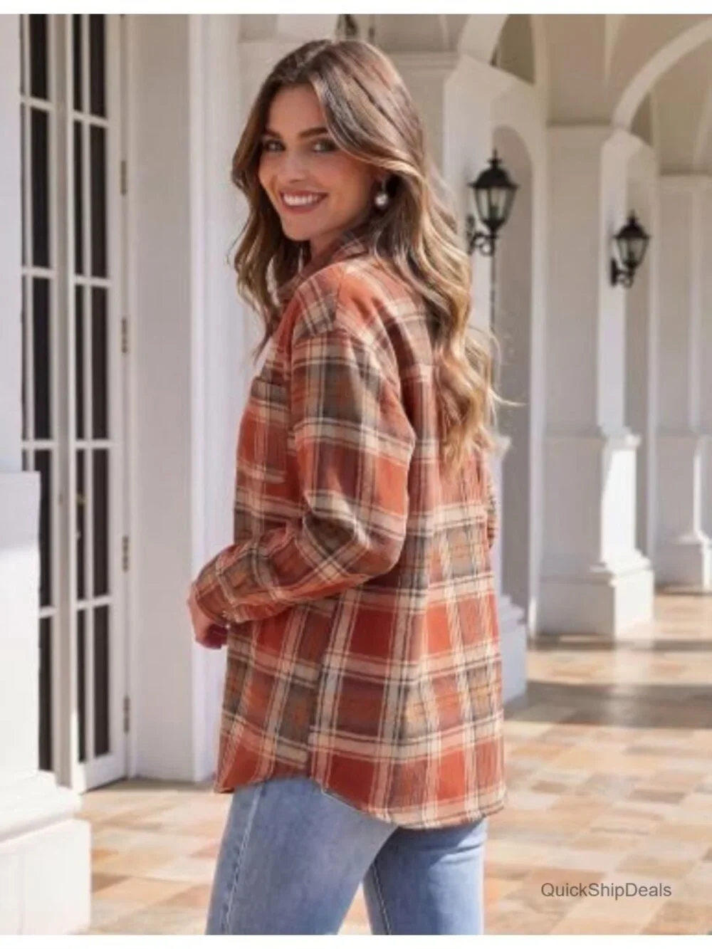 Flannel Shacket Jacket Plaid Button Down Long Sleeve Women Casual